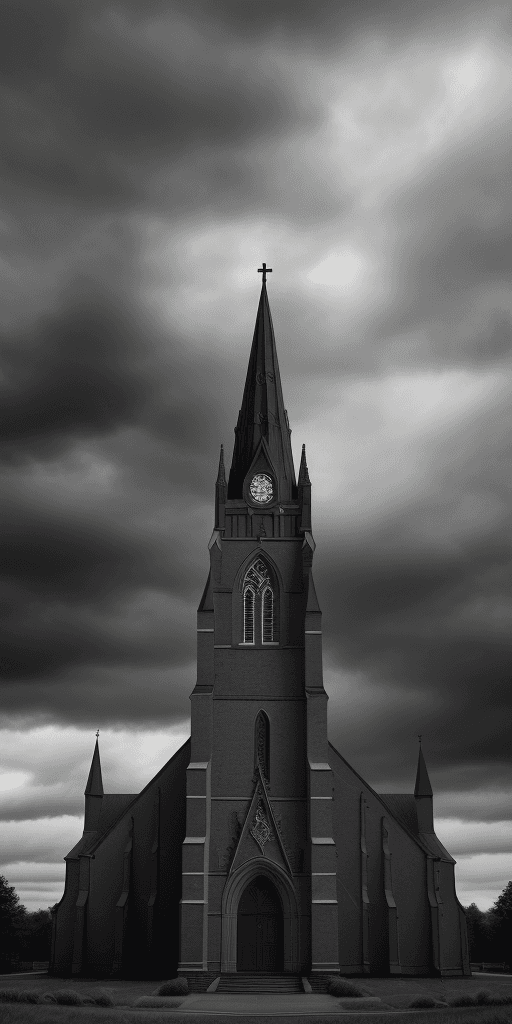 AI generated: A dark cloudy sky falls over a church , epic , 8k , hd , brown, gray, black and white tones , skyfal...