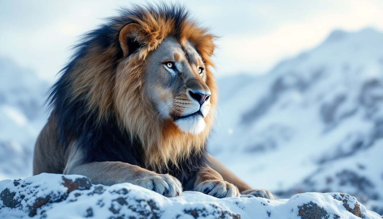 AI generated:  lion in snow mountain