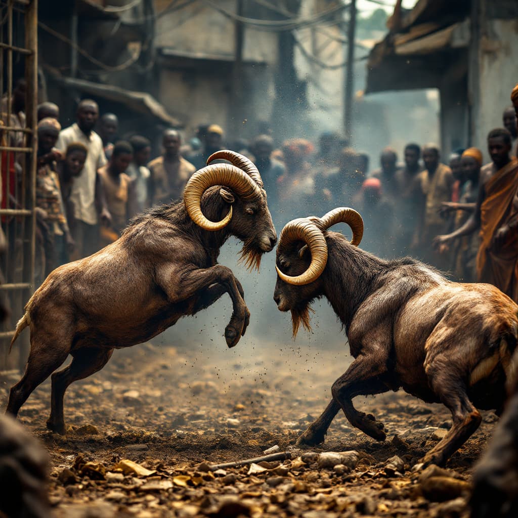 AI generated: A striking, high-resolution image capturing two rams locked in an intense battle, their powerful hor...