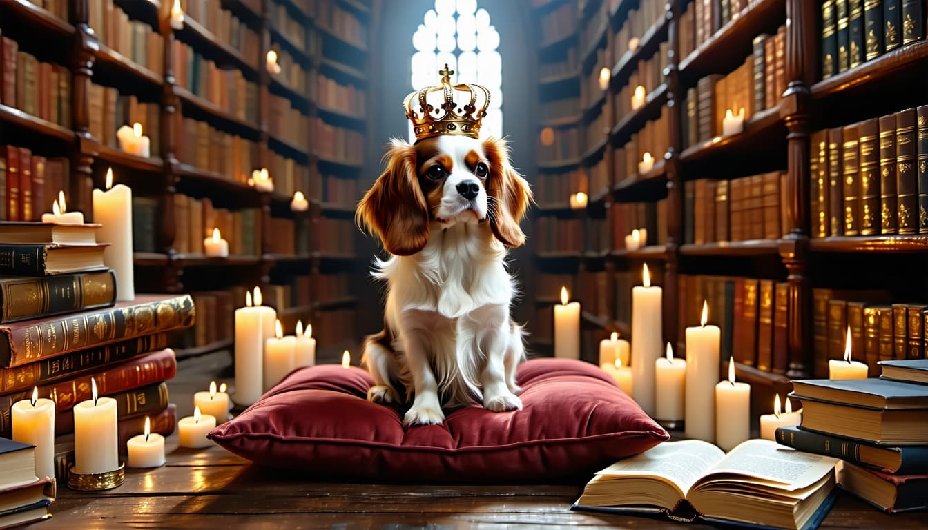 AI generated: A Cavalier King Charles Spaniel wearing a tiny crown, sitting on a velvet cushion inside a grand lib...