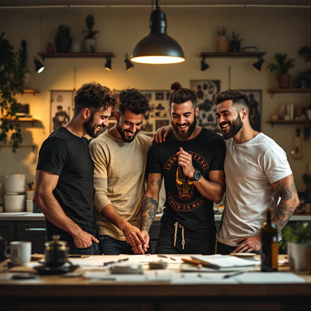AI generated: crea una imagen  de 4 personas, 3 hombres y 1 mujer en las cual esten reunidos compatiendo y sonrien...