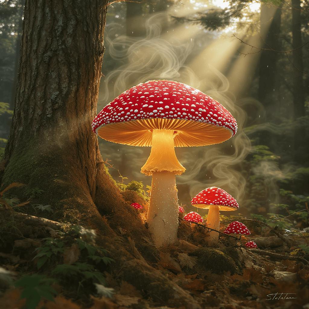 AI generated: A mystical forest at dawn, soft golden light filtering through ancient trees. In the center, a glowi...