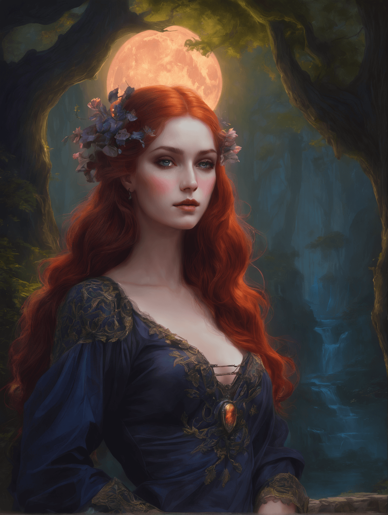 AI generated: Detailed portrait of a witch with ivory clear skin, long red hair and deep purple eyes, very detaile...