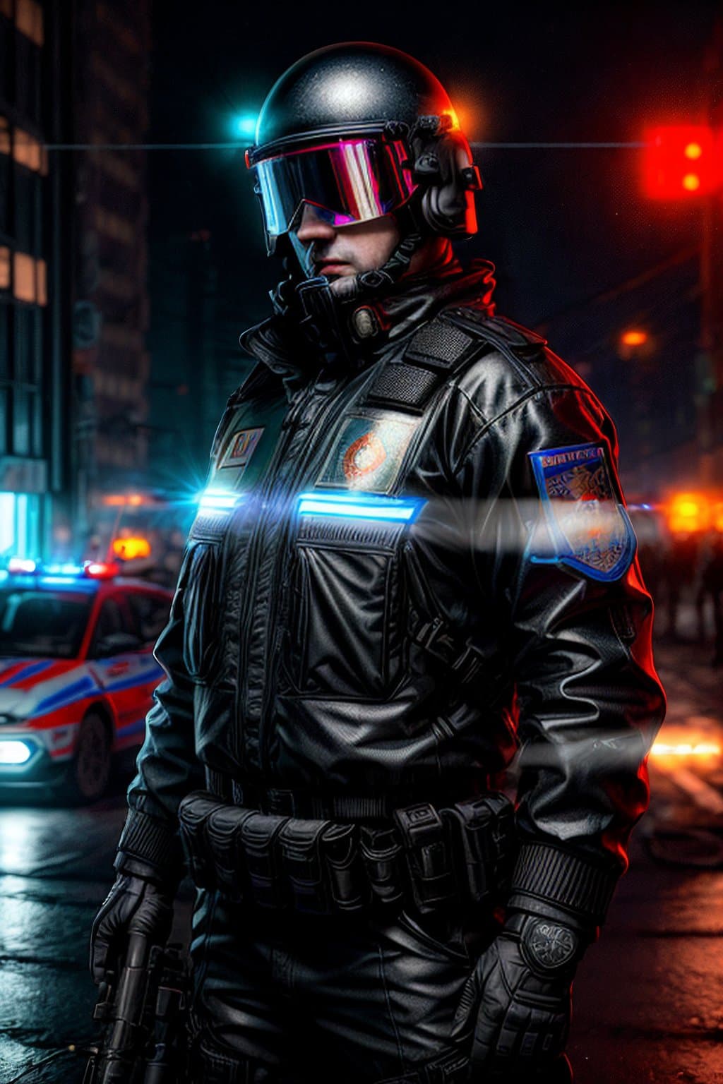 AI generated: (russian Police:1.2) on the street (wearing lite-heavy riot gear:1.2) on a cyberpunk city, advanced ...