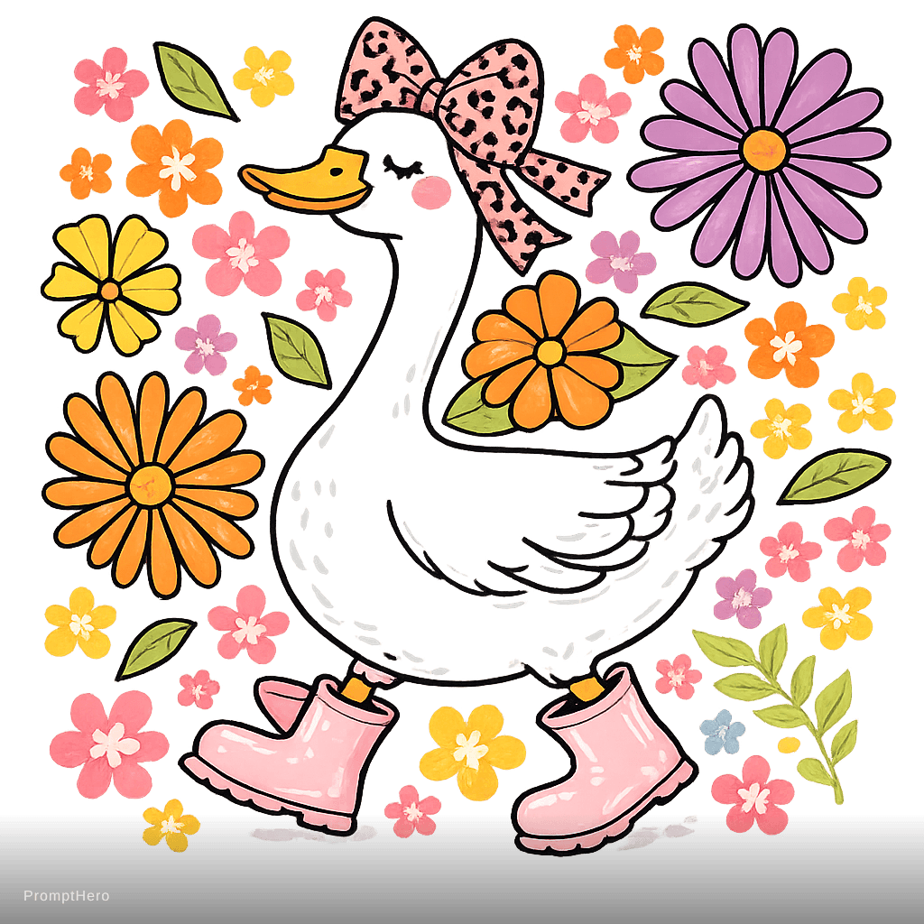 AI generated: Cute white duck walking with attitude, wearing glossy pastel pink boots and an oversized girly leopa...