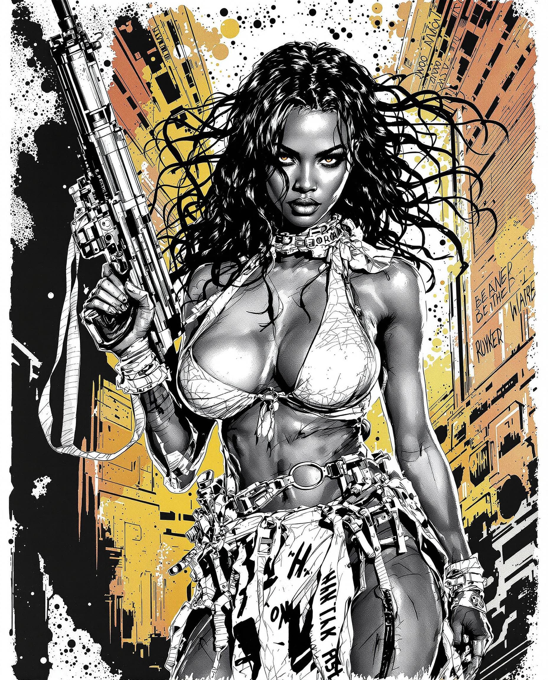 AI generated: Comic book cover illustration, full body shot of young beautiful African American woman, top model f...