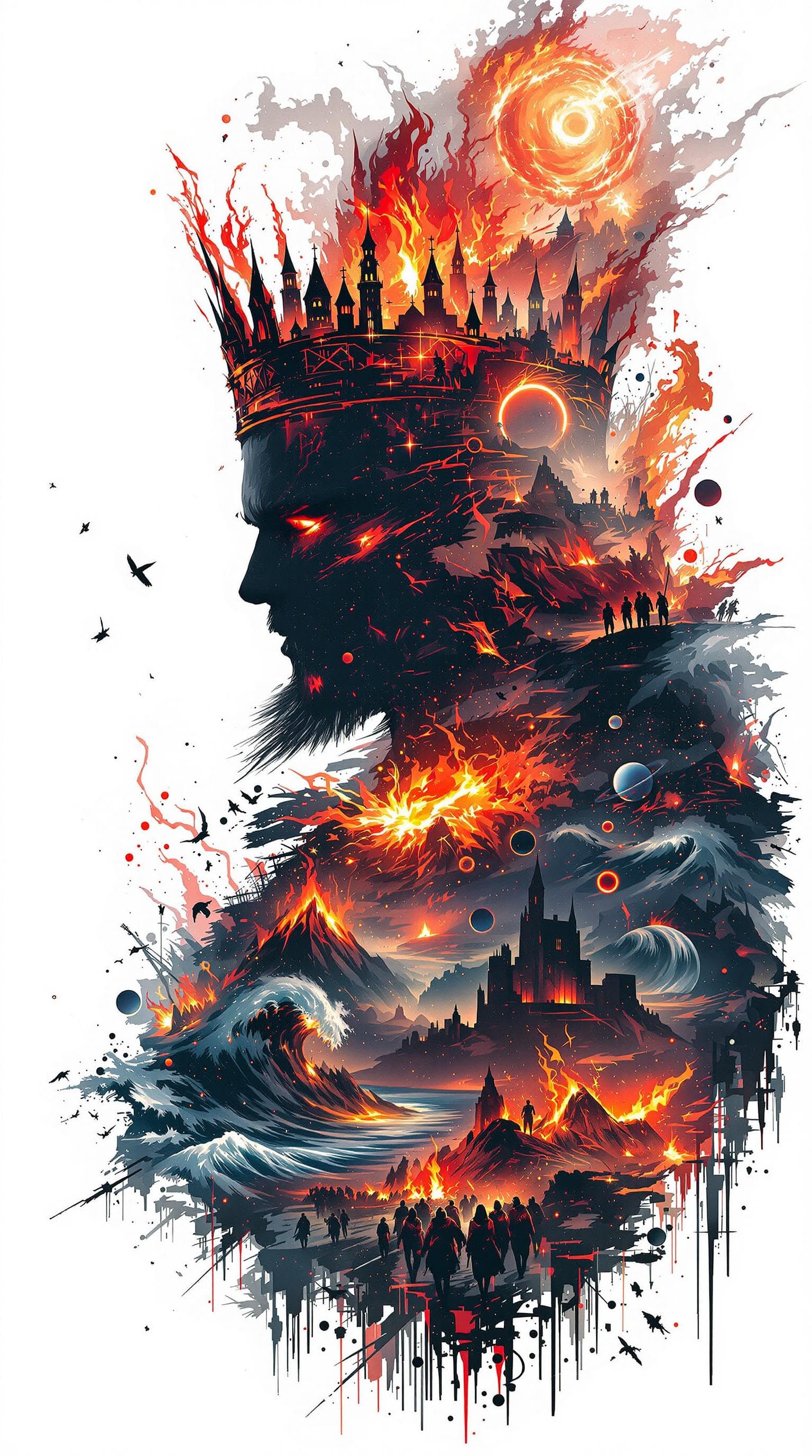 AI generated: A breath taking double exposure illustration featuring a sinister silhouette of a corrupt king with ...