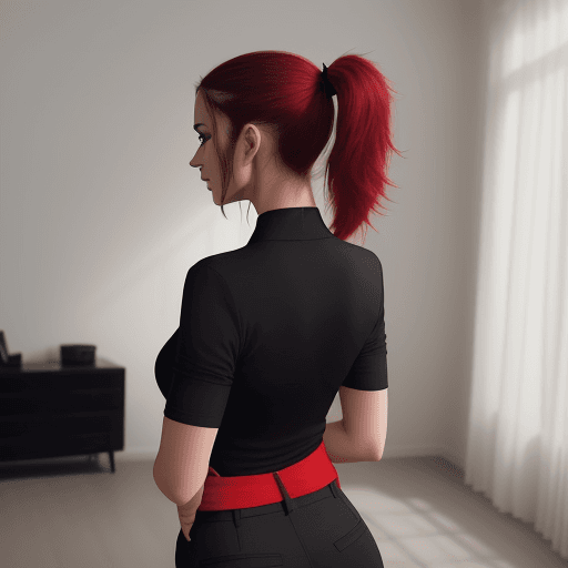 AI generated: The image depicts a stylishly dressed woman in a black shirt and red pants, standing in a room with ...