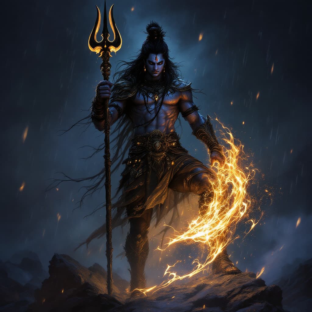AI generated: digital wallpaper, Lord Shiva the warrion, trishul in his hand, alone, glowing elements, intricate a...