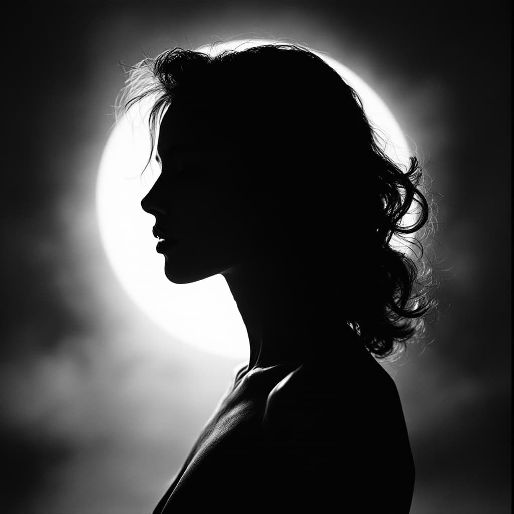 AI generated: black and white photography, fashion editorial, a figure of beautiful woman silhouette stands before...
