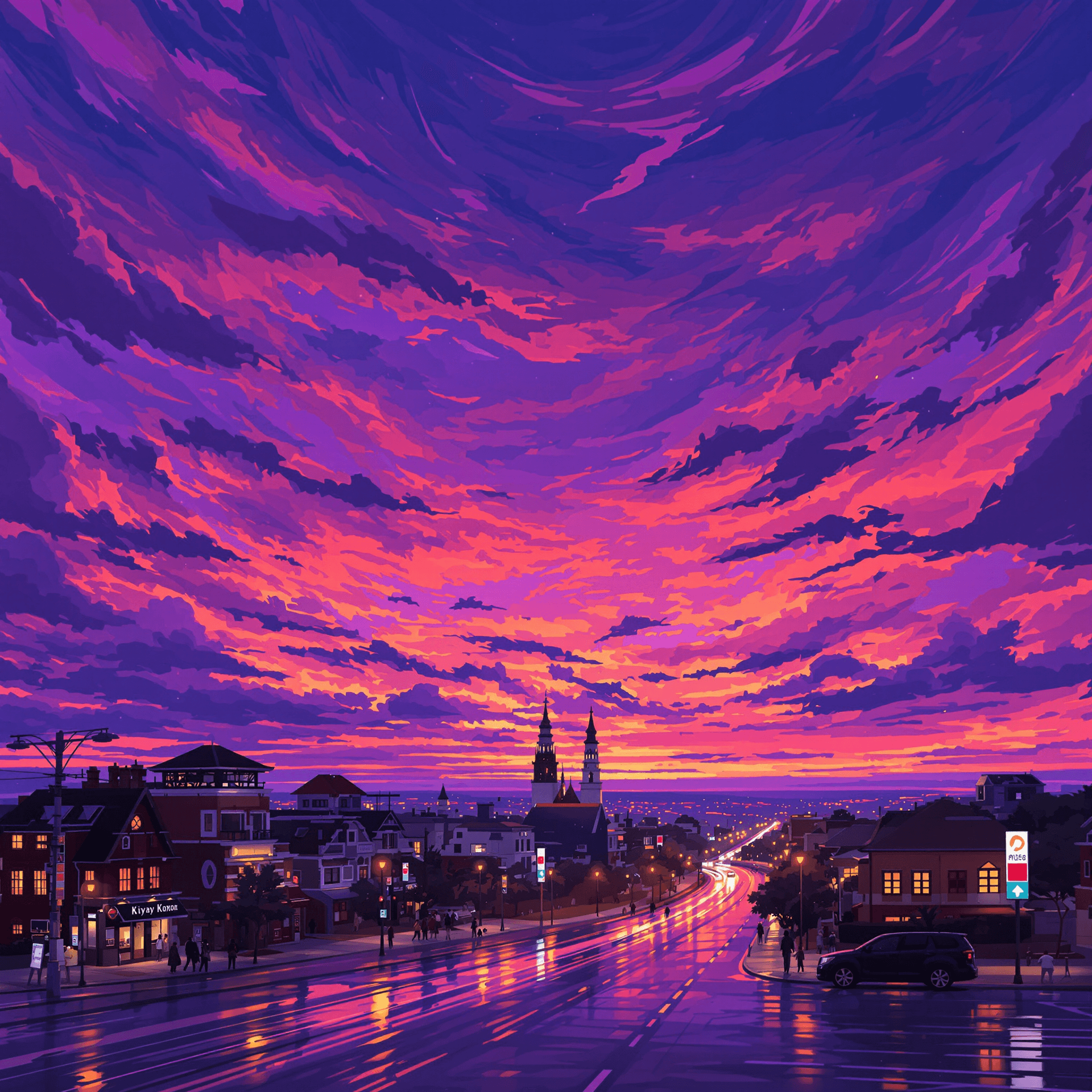 AI generated: vibrant animated landscape at dusk, featuring a dramatic purple sky with swirling clouds and vivid o...