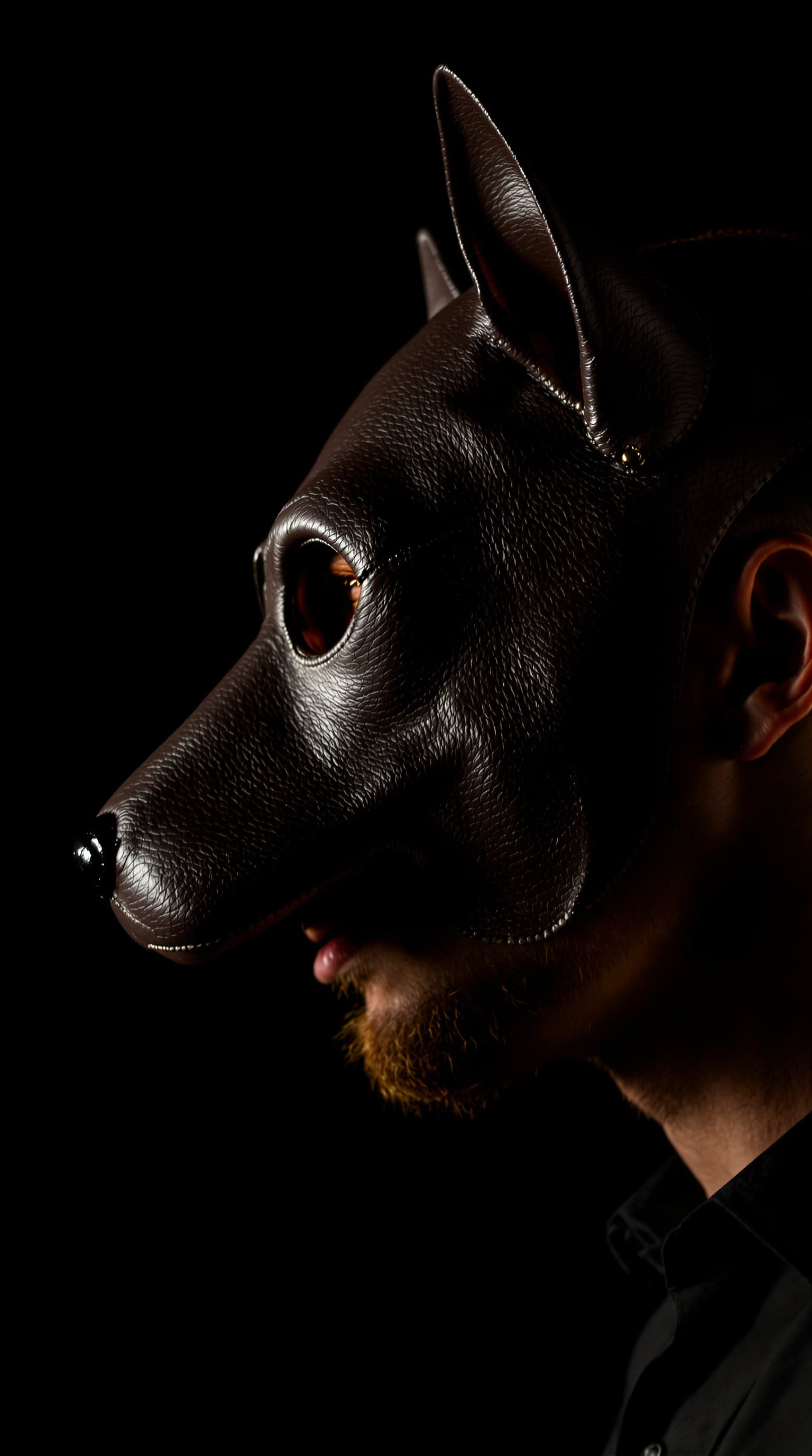 AI generated: man wearing a leather dog mask, side view, dramatic lighting
