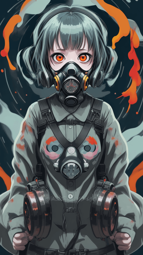 AI generated: complex background portrait of little 
ghost woman. Wearing a gas mask. Prominent eyes, complex back...