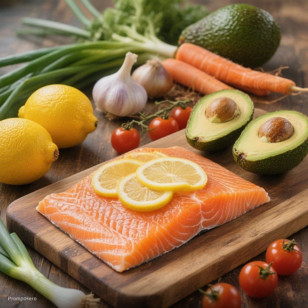 AI generated: Ultra realistic healthy food composition on a dark wooden table, fresh raw salmon fillets on a woode...