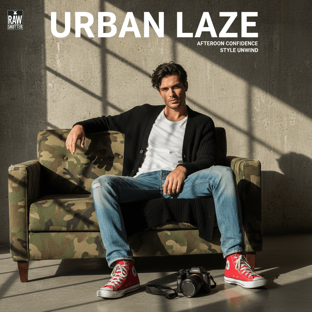 AI generated: photography, magazine cover, tilt shot, male model lounging on a worn camouflage sofa, casually dres...