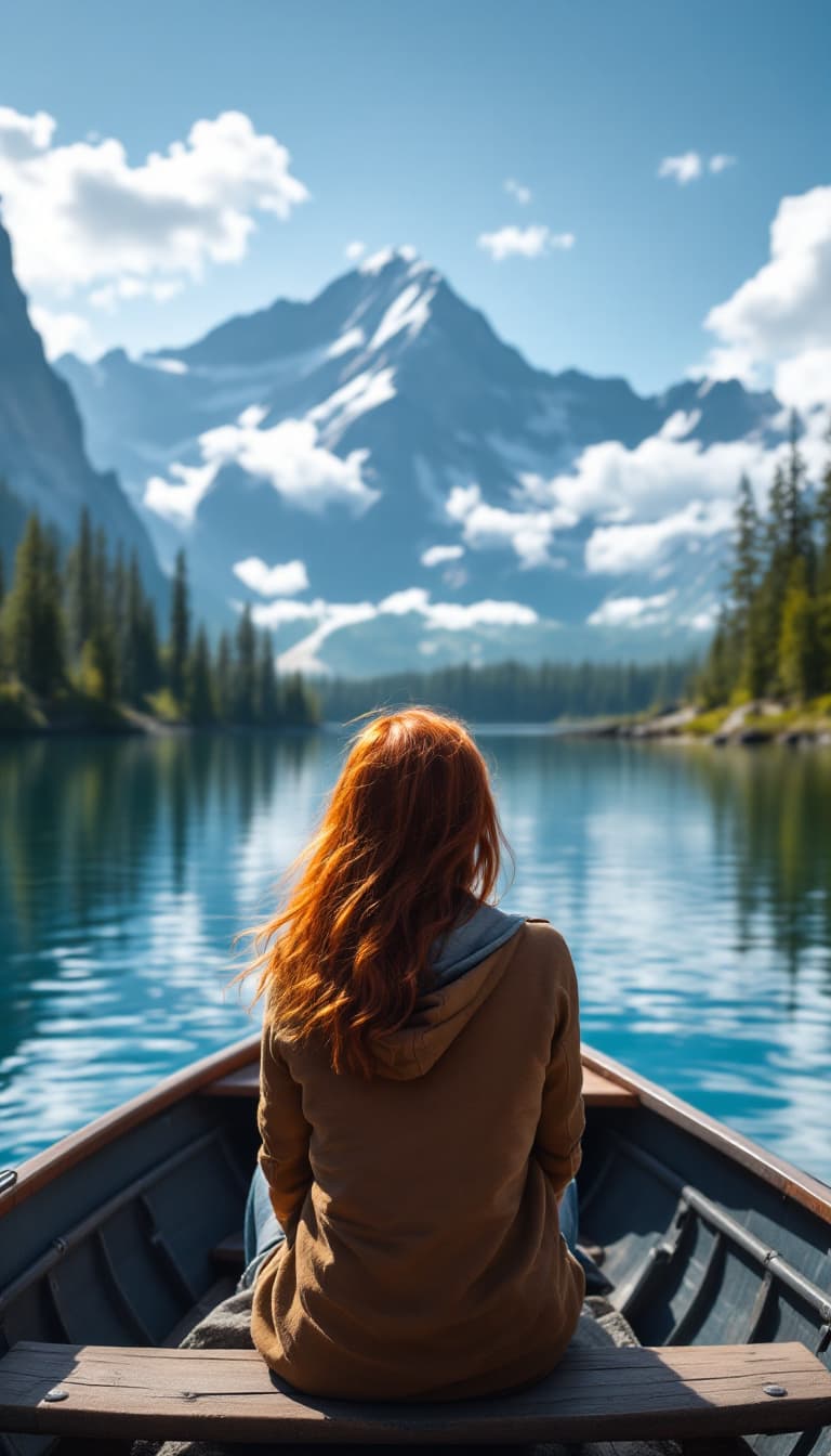 AI generated: A woman with red hair is sitting in a boat on a lake, looking dreamly at the mountains in the distan...