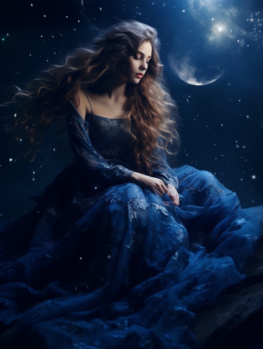 AI generated: fashion photo of extremely beautiful 18 years old long hair woman, made of night , dressed in moonli...
