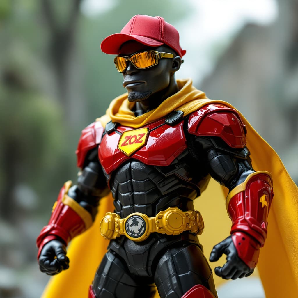 AI generated: Hyper real A Simpsons toy of a BLACK MALE named Ztenzila. Wearing a RED YELLOW METALLIC DARK KNIGHT ...