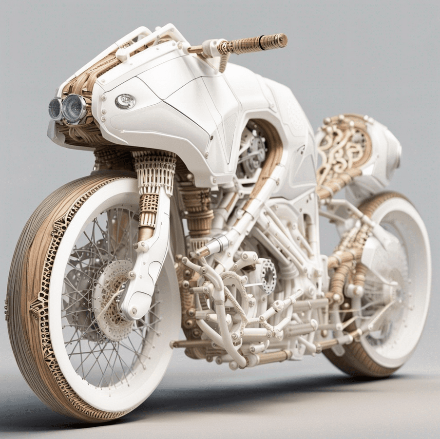 AI generated: Lucid pearl white motorbike, roots, wooden parts, carbonfiber wicker bones, stealth robocop, translu...