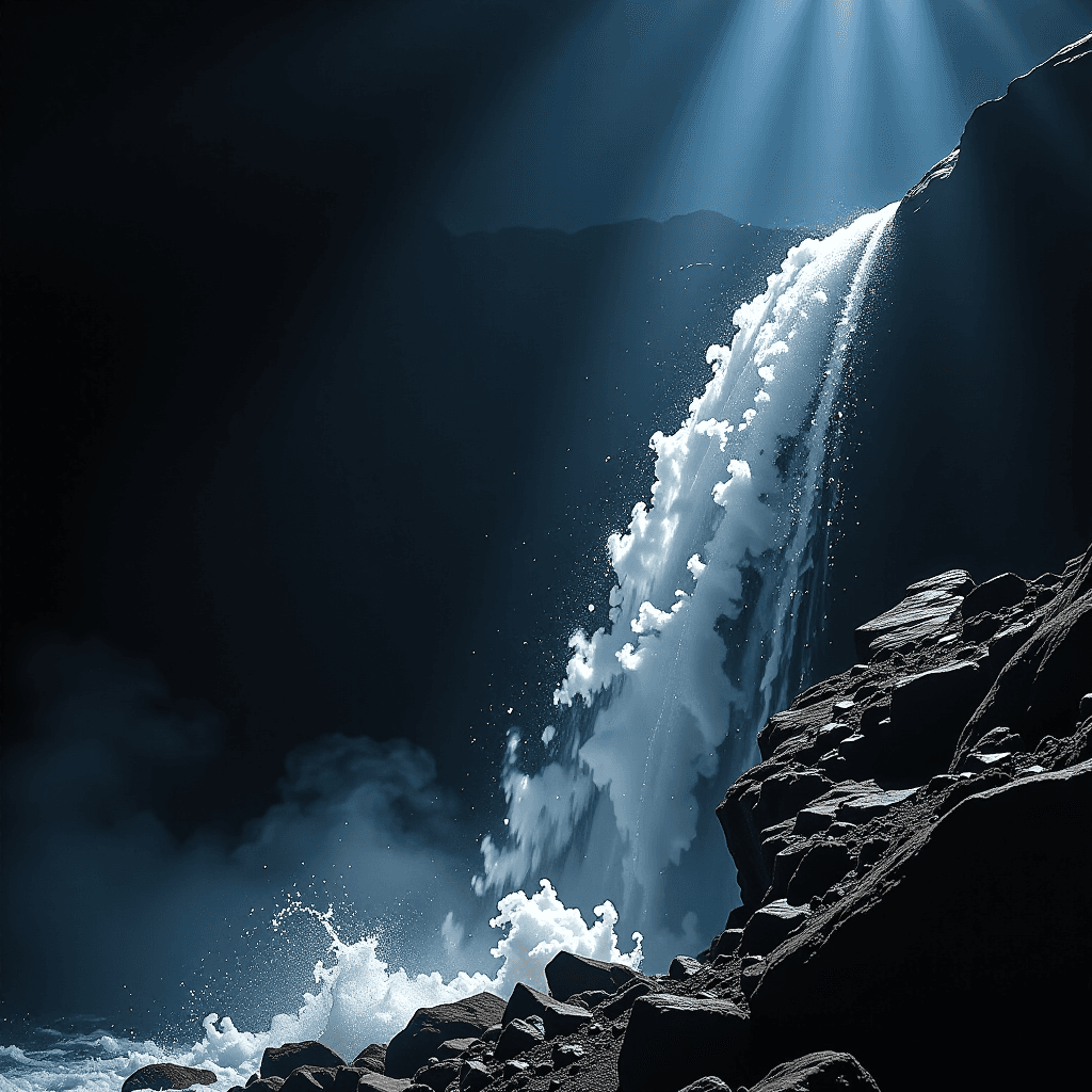 AI generated: Eine aufsteigende Welle aus Licht und Sound, die aus einem dunklen Schatten tritt.âââ