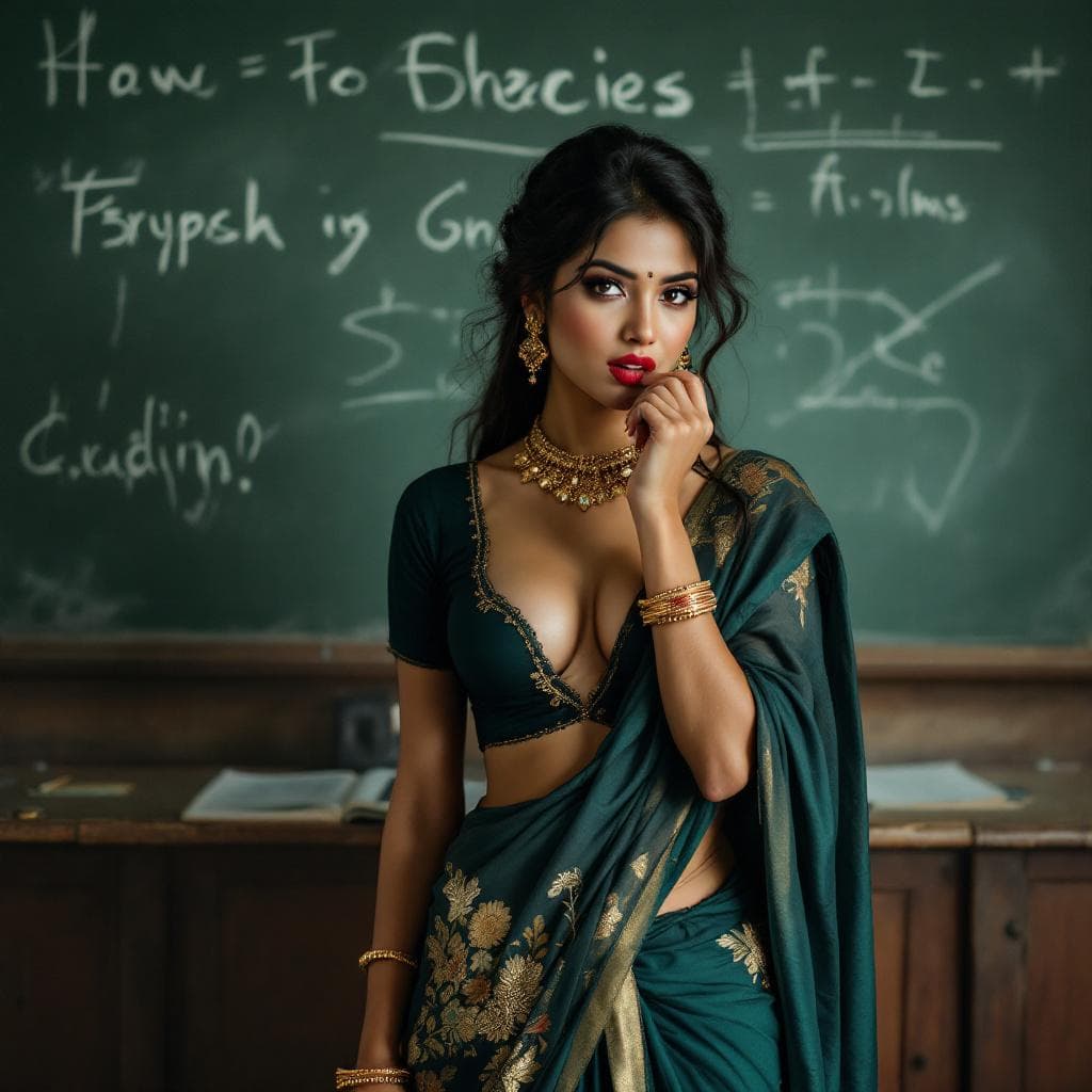AI generated: A indian women wears revealing sari & revealing seductive top. standing infront of a blackboard in t...