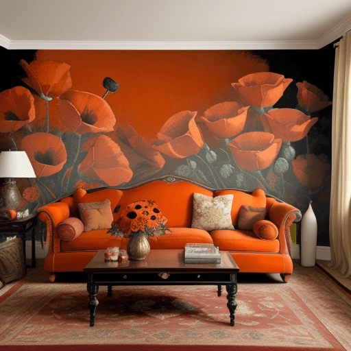AI generated: A large wall mural of an autumn floral arrangement on the walls, featuring bold orange and red flowe...