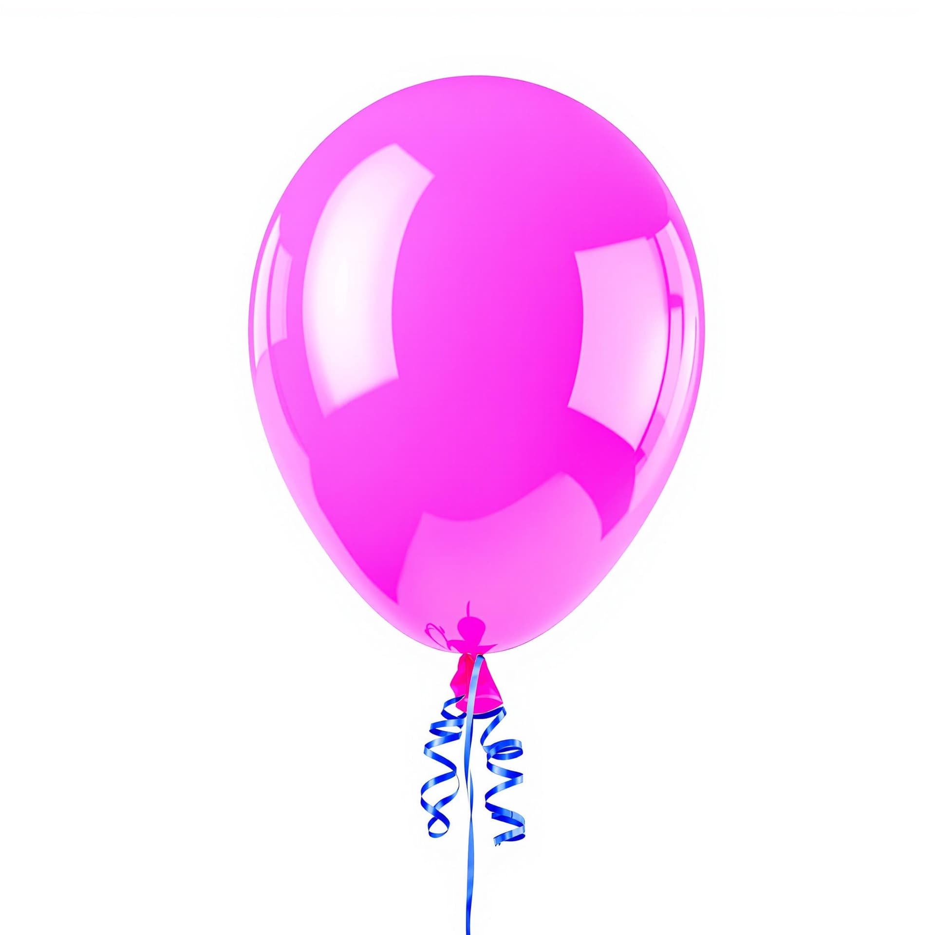 AI generated: Bright Pink balloon, helium-filled, shiny surface, curly blue ribbon, white background, studio light...