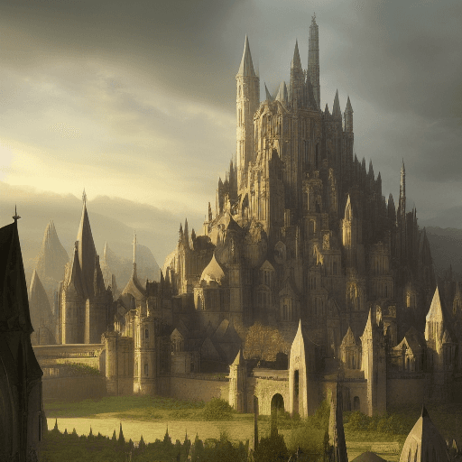 AI generated: medieval capital city, fantasy, huge fantasy elven castle, hyper detailed, rolling hills, buildings,...