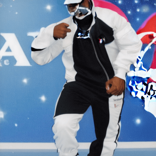 AI generated: a Blackman in a white ski mask and is wearing white track suit, with a nasa logo on his tracksuit, s...