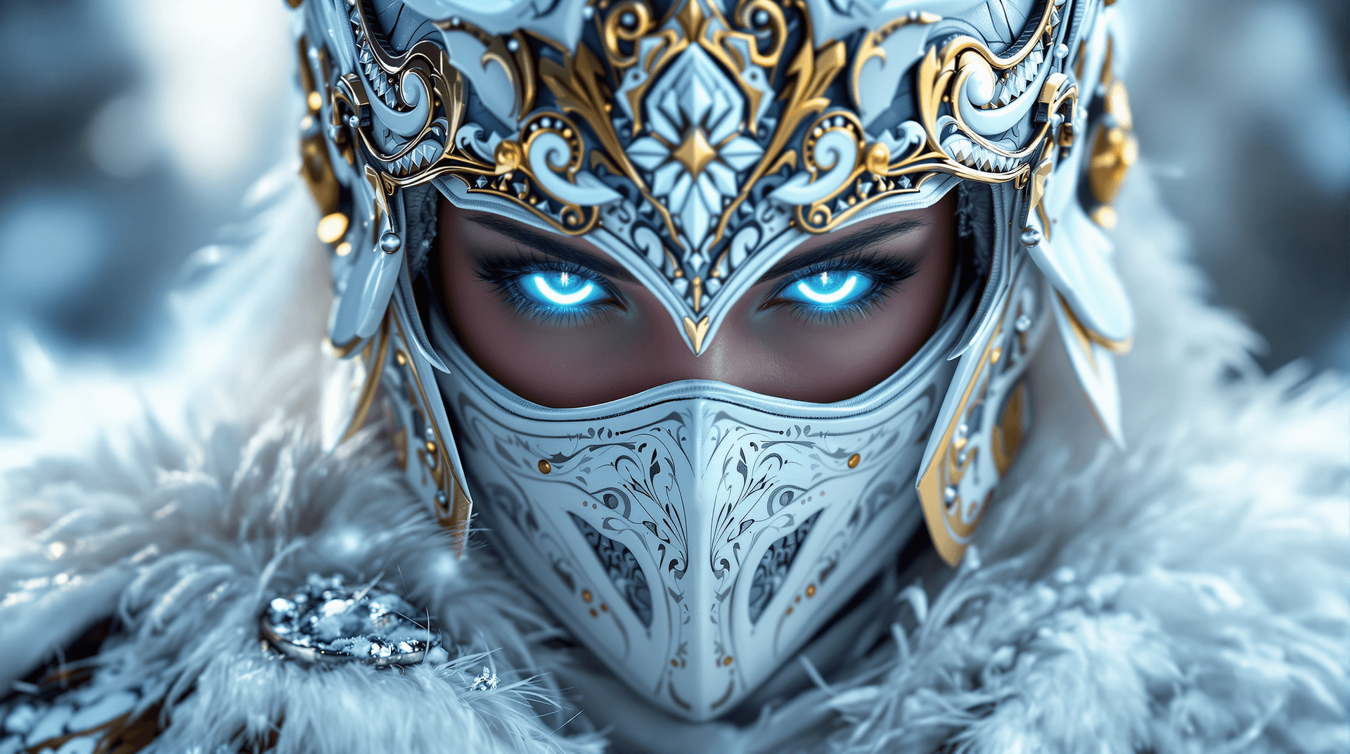 AI generated: Close-up portrait of a female warrior, wearing intricate white and gold ornate armor, featuring a ma...