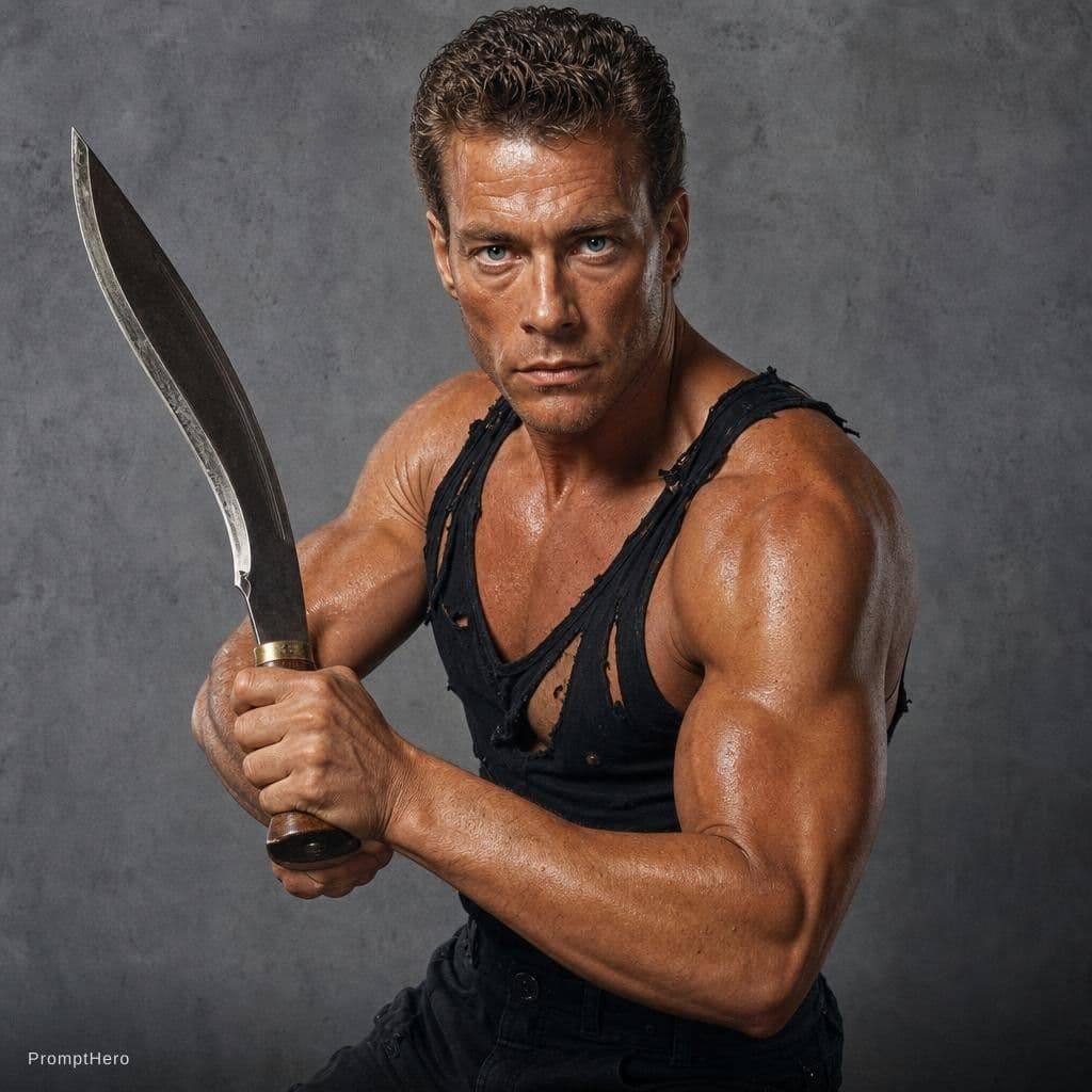 AI generated: A cinematic medium close-up shot of a muscular action hero resembling Jean-Claude Van Damme from the...