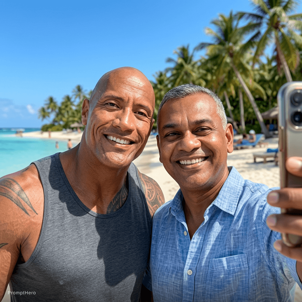 AI generated: with Dwayne Johnson at a tropical beach, sunny day, both smiling