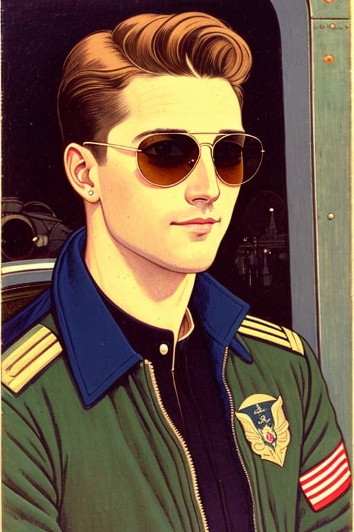 AI generated: illustration portrait of male pilot (style of Eugene Grasset), sunglasses, insignia on shoulders