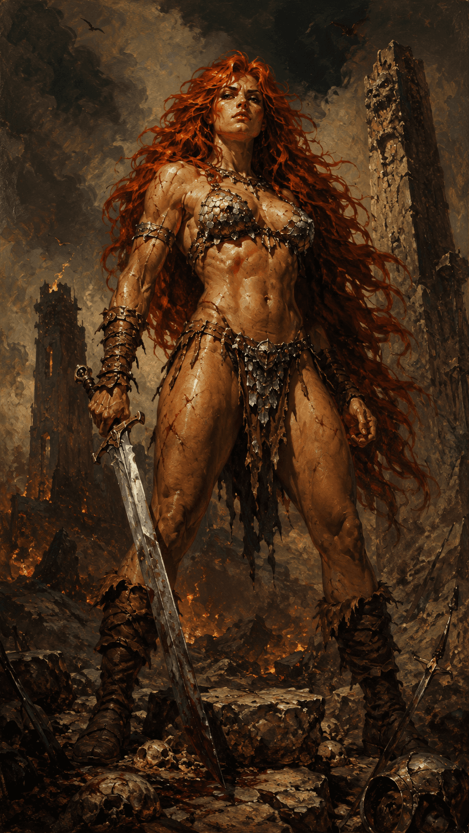 AI generated: Towering barbarian warrior woman standing in a dramatic full-body pose, athletic and feline physique...