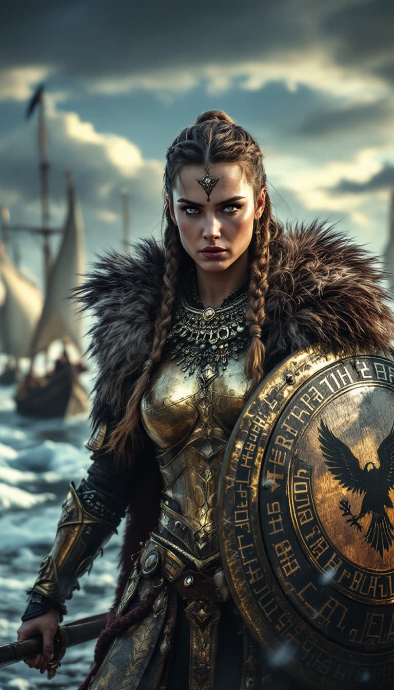 AI generated: A powerful Viking warrior queen with ash-brown hair styled in braided side plaits, wearing gold-plat...