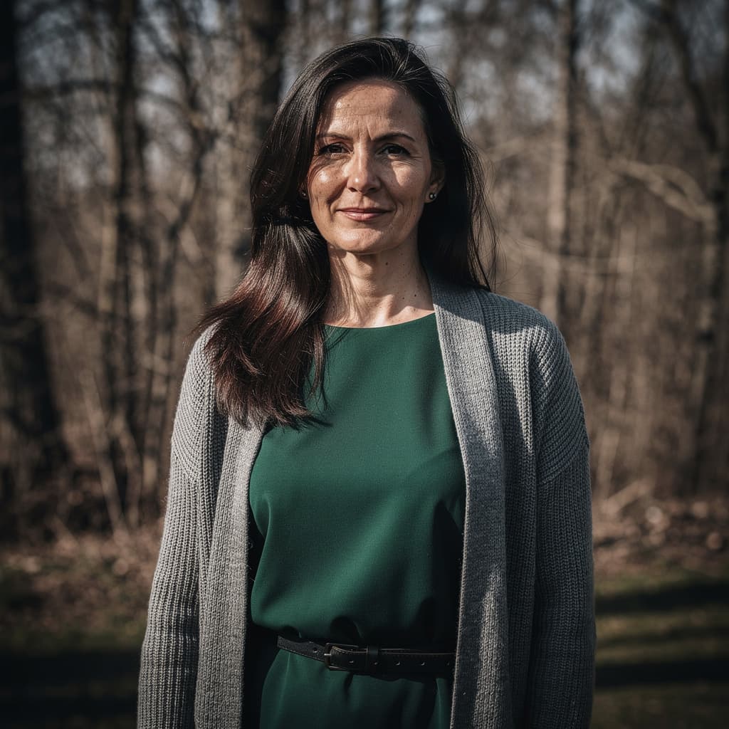 AI generated: cinematic image with dark shadows and high contrast,

A middle-aged woman with long, dark brown hair...