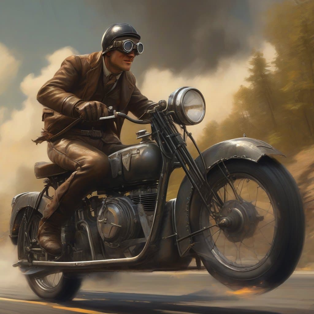 AI generated: A classic 1930s motorcycle, driver wearing a leather cap and pilotgoggles, on the road, concept art,...