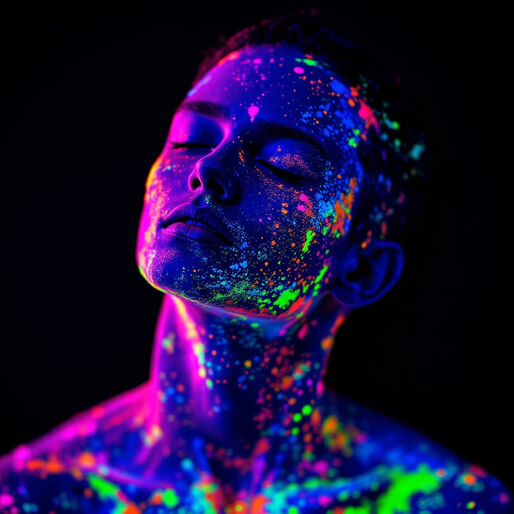 AI generated:  full body ighlyy detailed portrait of a man with his face and upper body covered in splashes of neo...