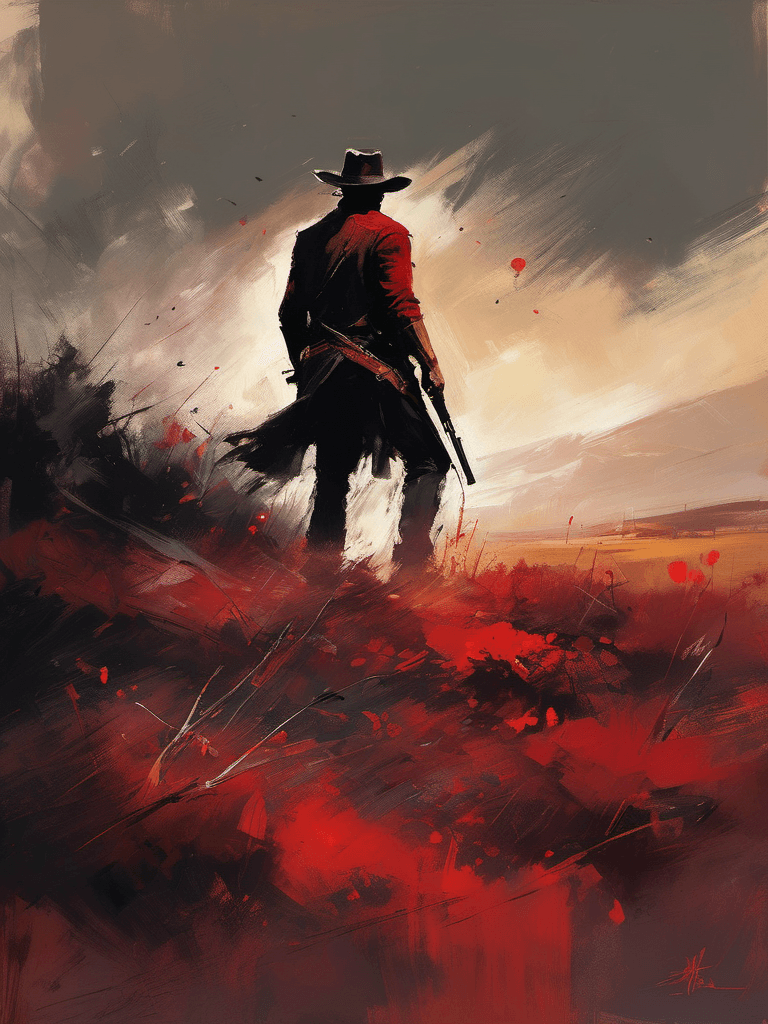 AI generated: A cowboy, red and black, epic scene, dark background, muted colors, brutal, dramatic, digital painti...