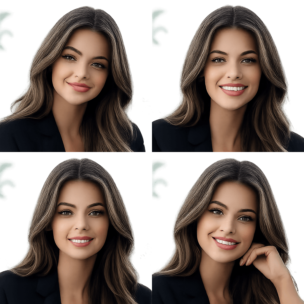 AI generated: 4 exactcly consistant tiny variations of facial expressions and head position typical of a video con...