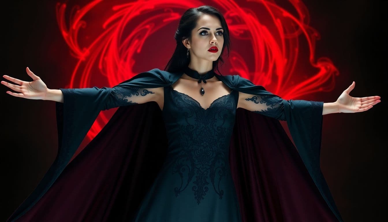 AI generated: A dramatic scene of a woman in a dark, gothic-inspired dress with a flowing cape, standing in a powe...