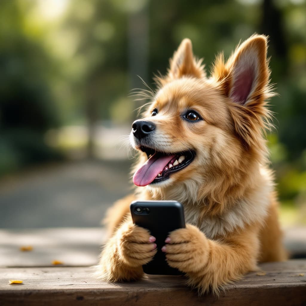 AI generated: perro feliz hablando por
 el móvil