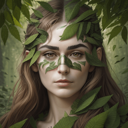 AI generated: pensive face made entirely of tree leaves, John Lennon's thinger face, the face slowly fades, detail...