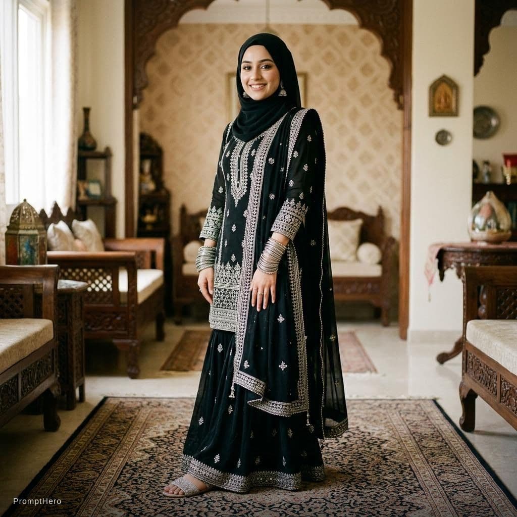 AI generated: create a girl wearing black sharara with sliver bangles with this a hijab in black