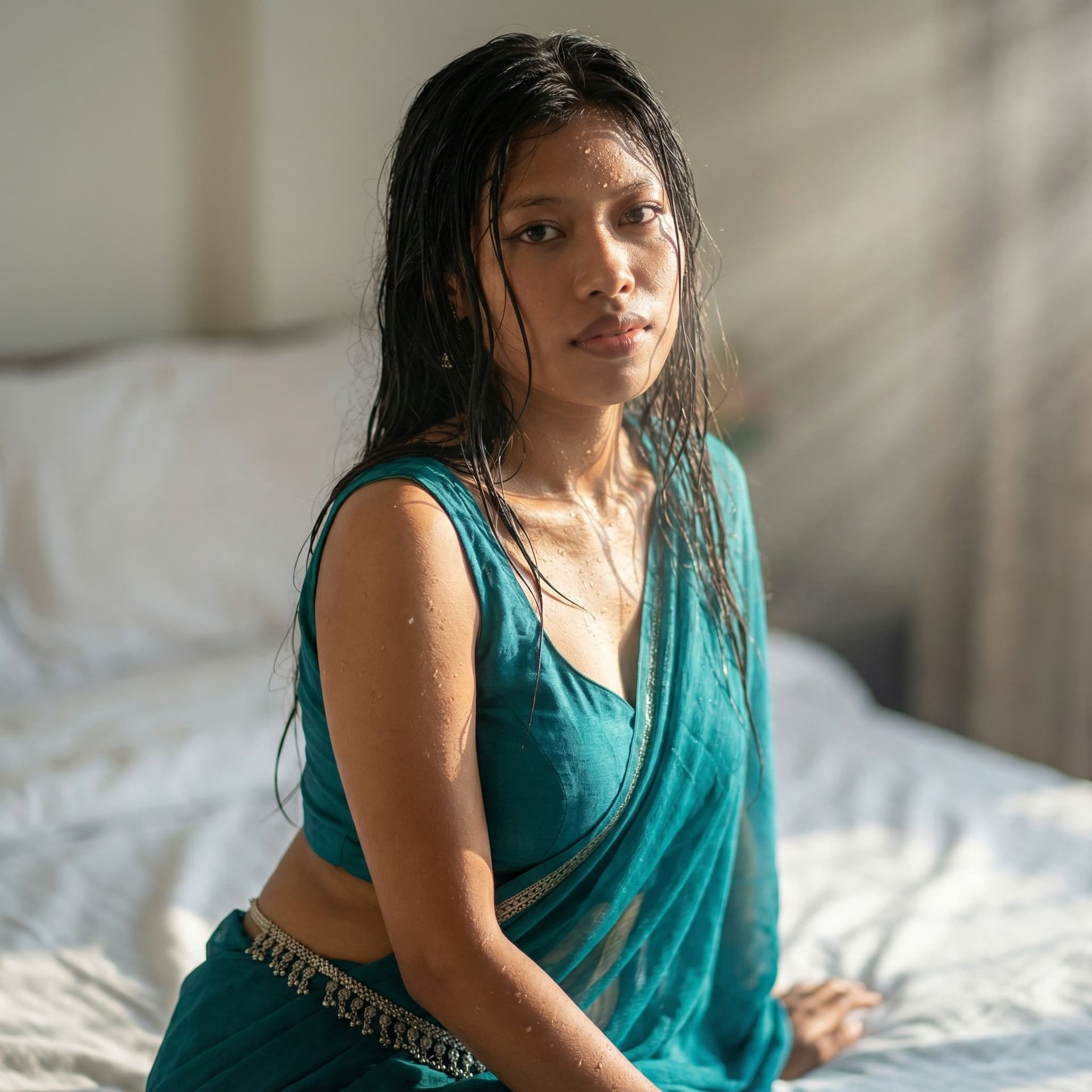 AI generated: A high-resolution, cinematic portrait of a stunning South Asian woman sitting on a white bed. She ha...
