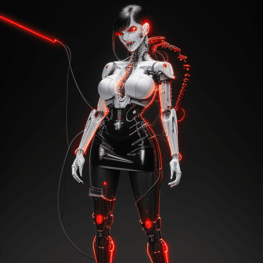 AI generated: full body of cyborg lady, cybernetic jaw, mechanical parts, white shirt, unbottoned, black latex ski...