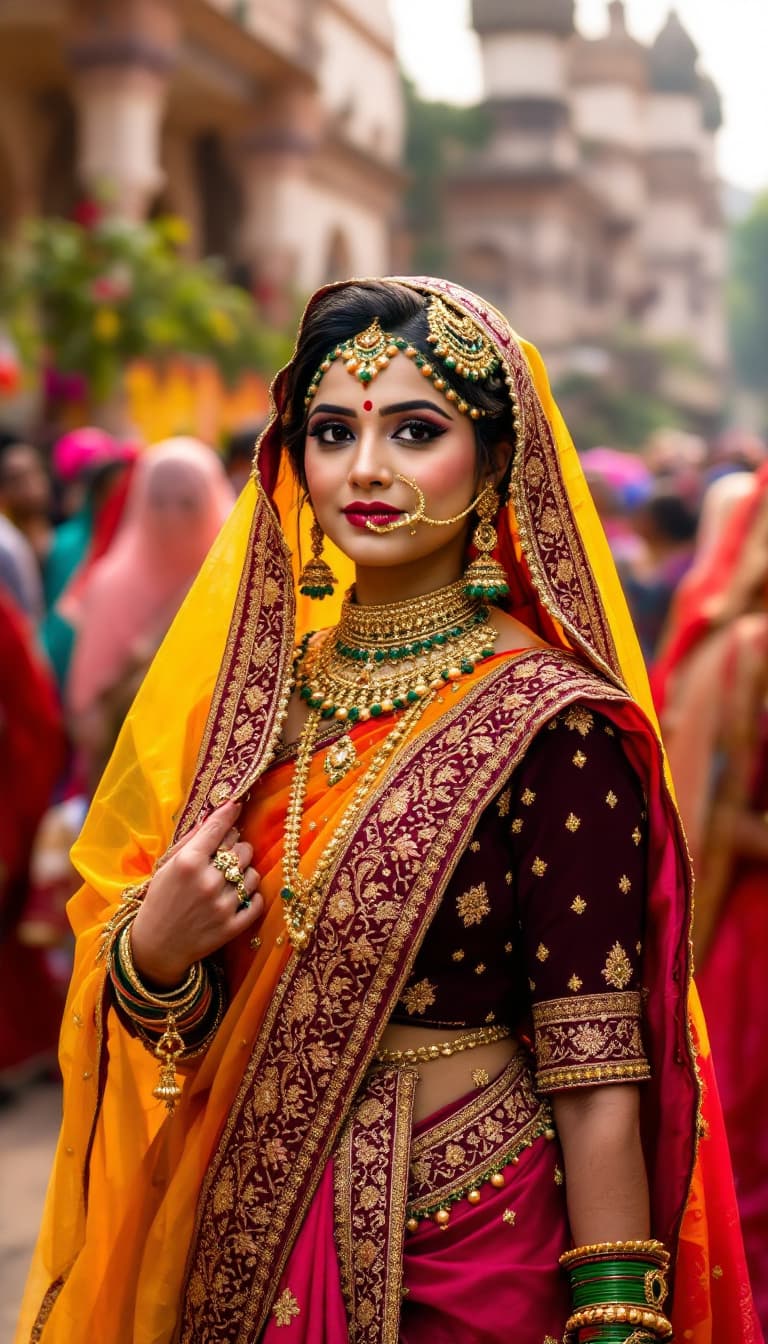 AI generated: Indian Culture where a Gujarati Community in India wear tradition dress. Women wear chaniya choli, N...