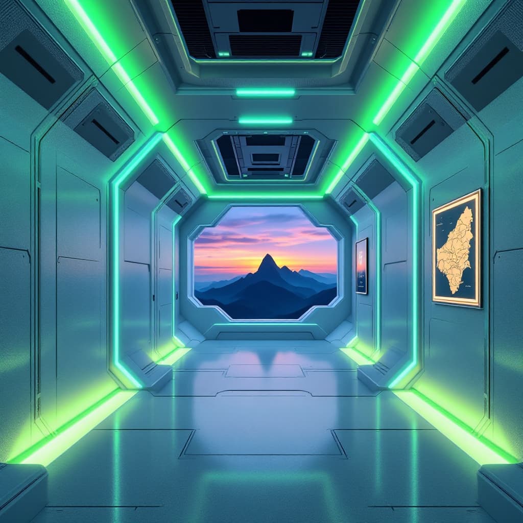 AI generated: futuristic corridor, neon green illumination, geometric white walls, map of cameroon, vista framed v...