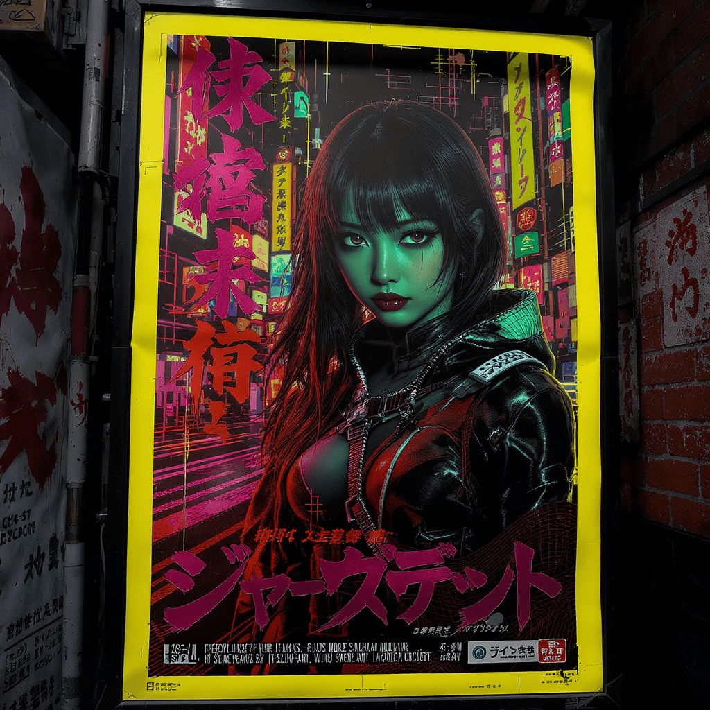 AI generated: Large yellow border all round. Overlay Japanese type. A poster with the exact same girl from the pic...