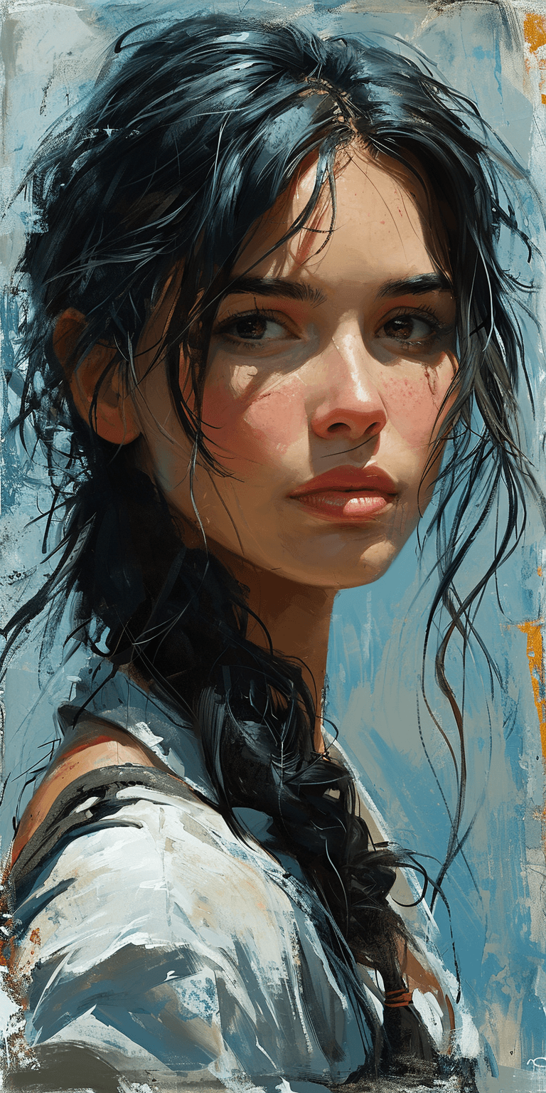 AI generated: an oil painting of a woman with long black hair, in the style of mike deodato, contemporary middle e...